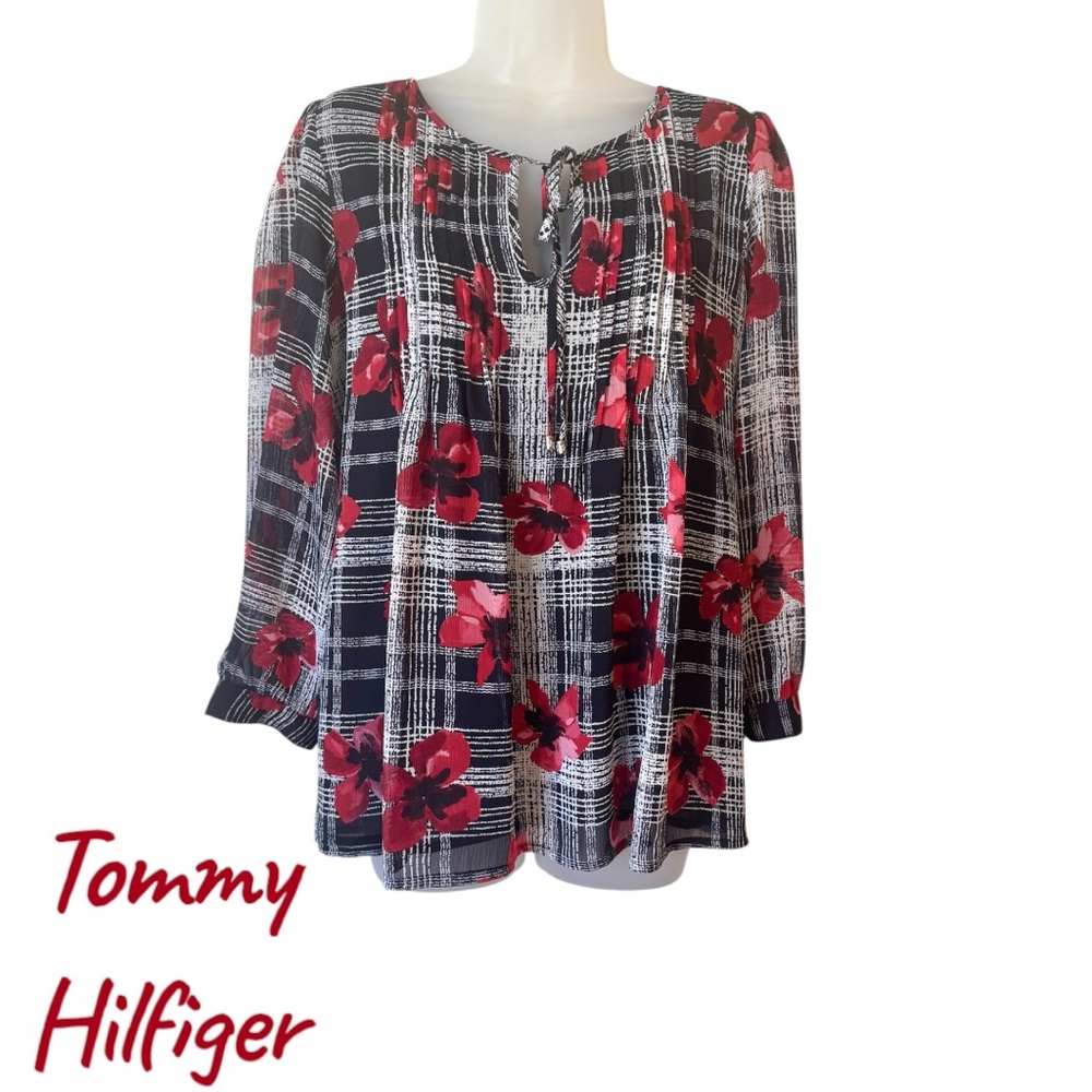 Tommy Hilfiger Black & Red Floral Plaid Top -Size Large